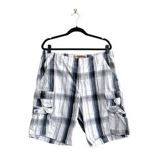 LEE Dungarees Mens Cargo Plaid Casual Flat Front Shorts Blue White Size 36